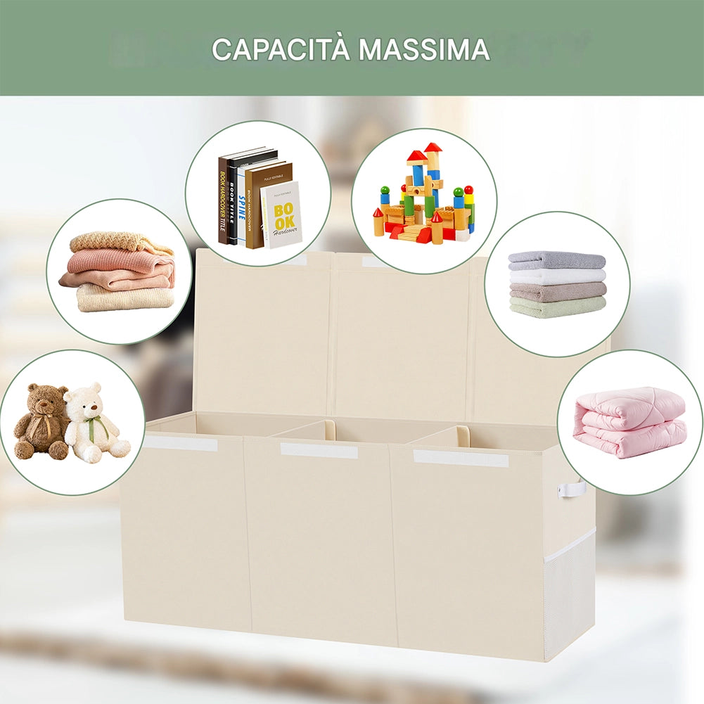Contenitore Box 3 Scomparti Beige Scatola Cesta Giocattoli Organizer Multiuso
