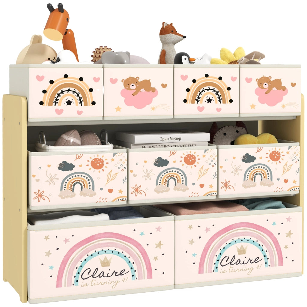 Mobile Portagiochi per Bambini a 3 Livelli 93x30x70 cm con 9 Contenitori in Tessuto Giallo
