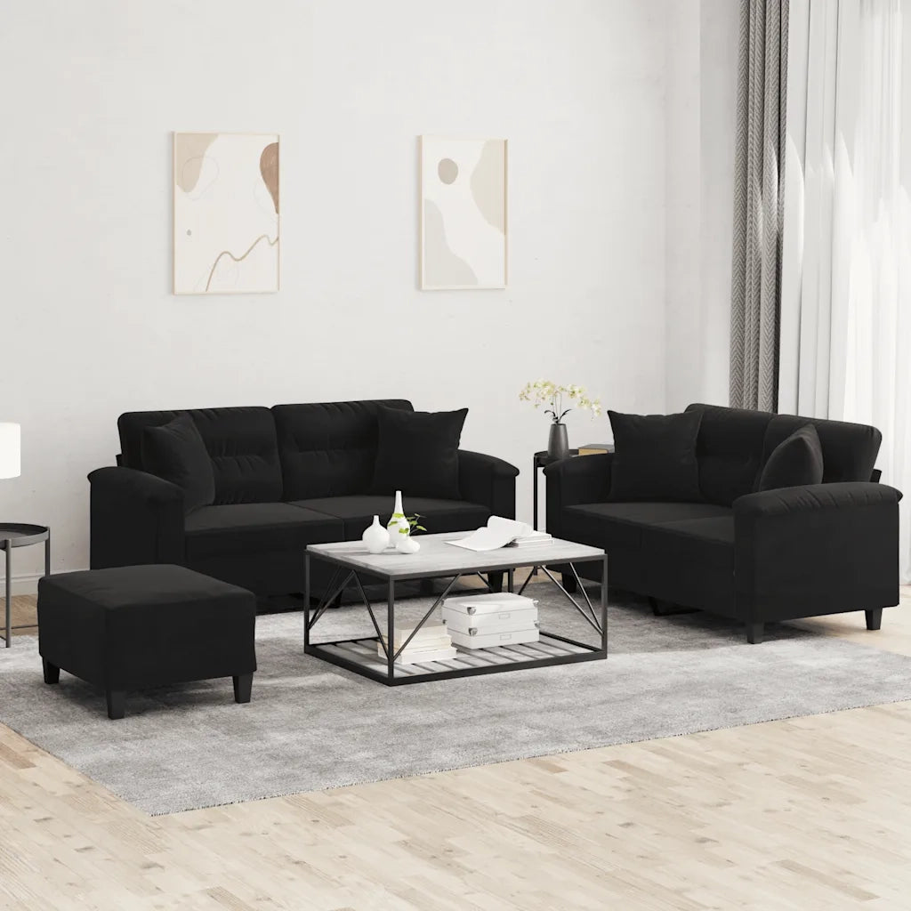 Set Divani 3 pz con Cuscini Nero in Tessuto Microfibra 3202335