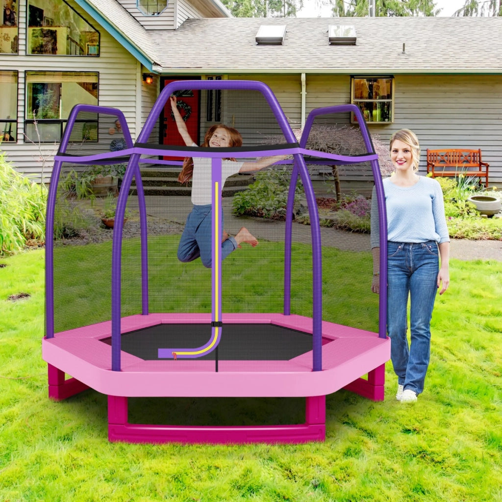 Tappeto elastico 223 cm con rete di sicurezza e cuscinetto a molle, Mini tappeto elastico per bambini Viola