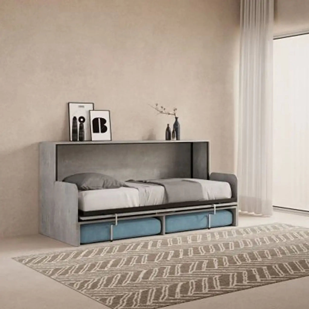 Letto singolo a scomparsa Kando con divano cemento, azzurro