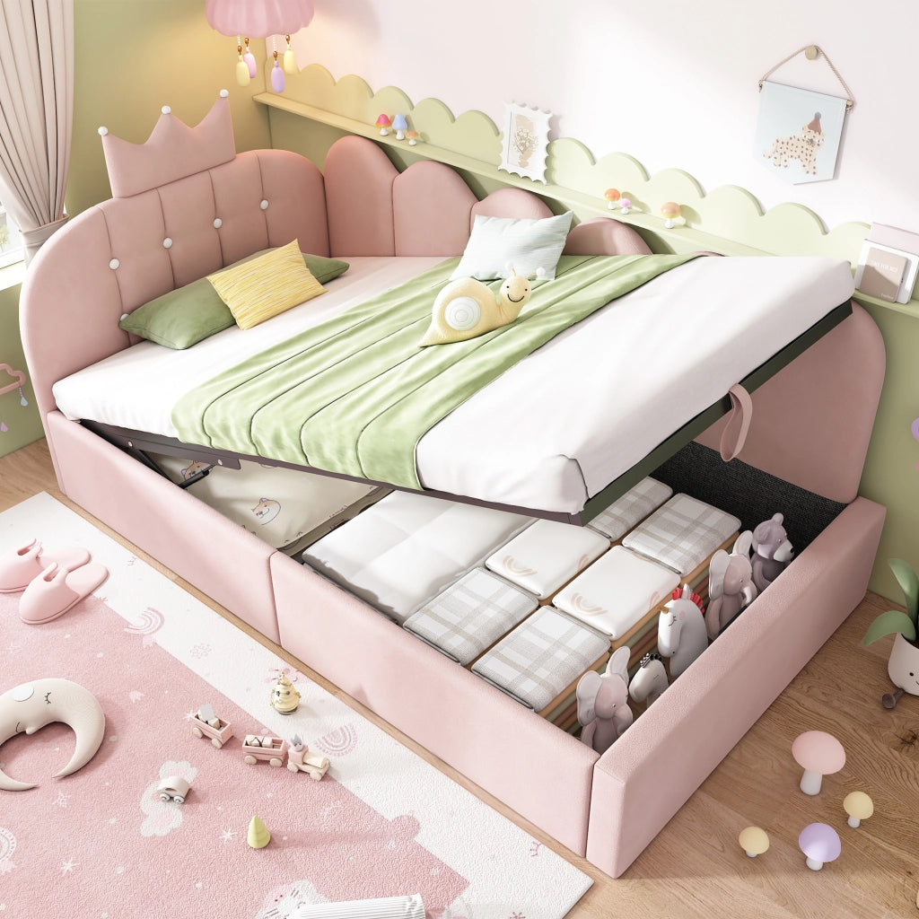 DESMIU Letto a giorno 90 × 200 cm 1 posto con contenitore idraulico, senza materasso, in velluto rosa