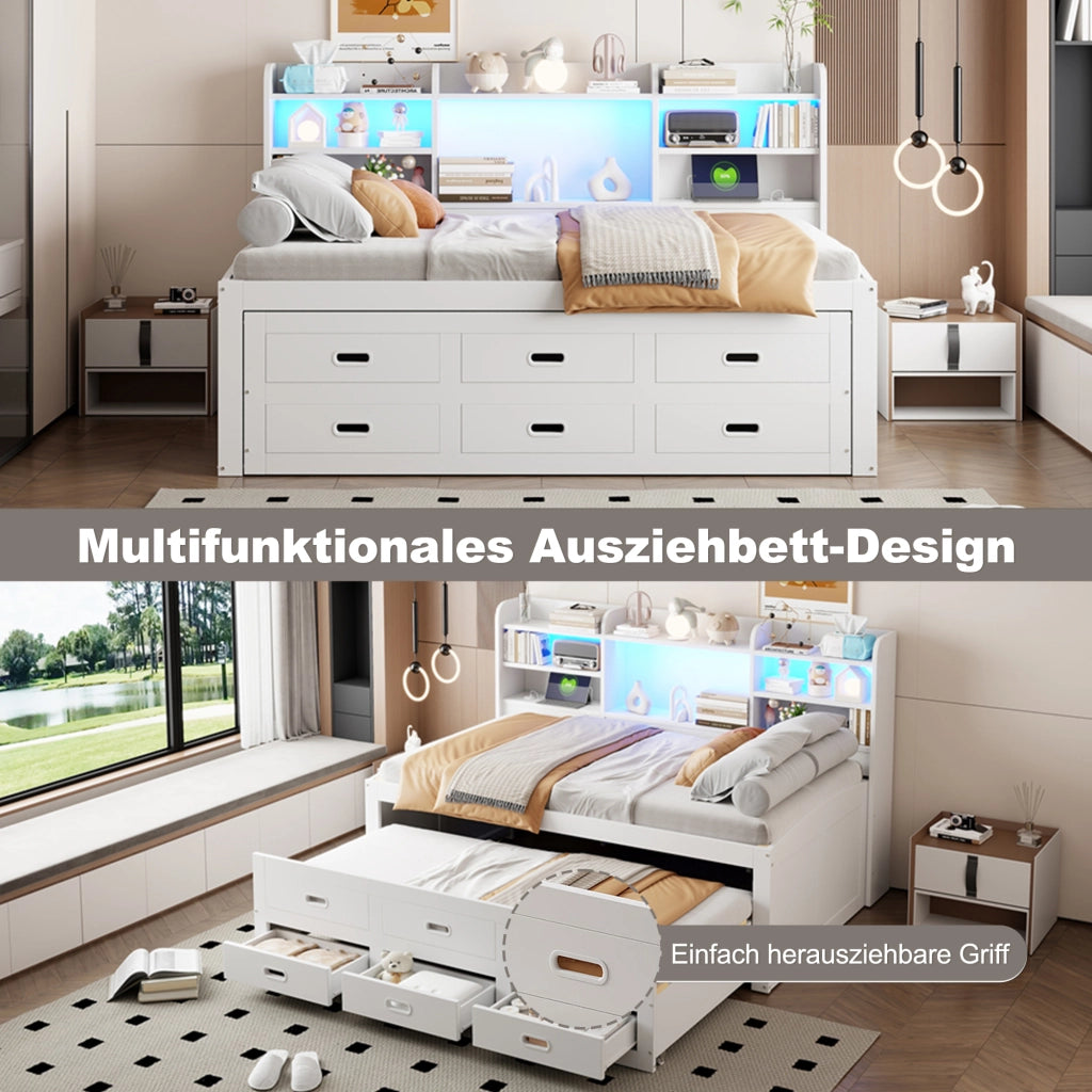 LETTO Estraibile 90x200 cm con LED, 3 Cassetti, Bianco