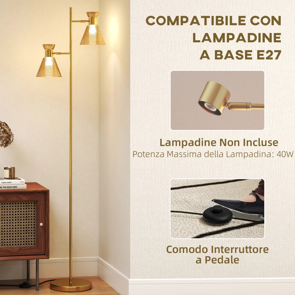 Lampada da Terra Moderna 2 Luci ¨C Xylo ¨C Oro, Teste Regolabili, Interruttore a Pedale