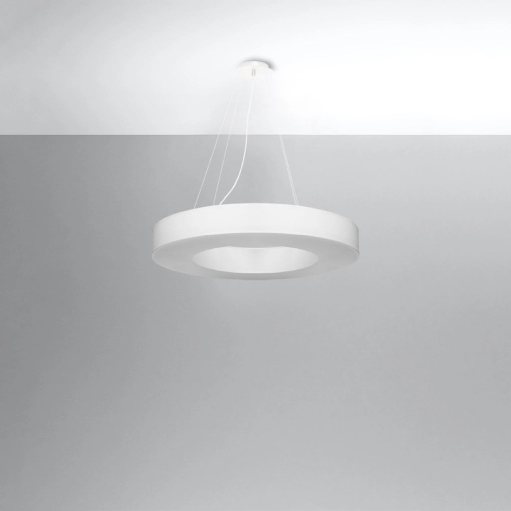 Lampadario rotondo Saturno Slim a 6 luci, 70 cm, tessuto bianco, PVC, acciaio