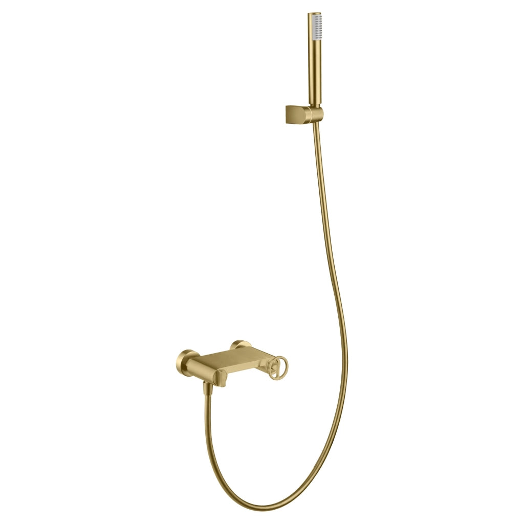 IMEX Set doccia monocomando in ottone oro spazzolato con tubo flessibile acciaio 180 cm doccetta rotonda ABS cartuccia ceramica Ø35 mm staffa fissa doccetta PVD Imex-BDC033-5OC Olimpo