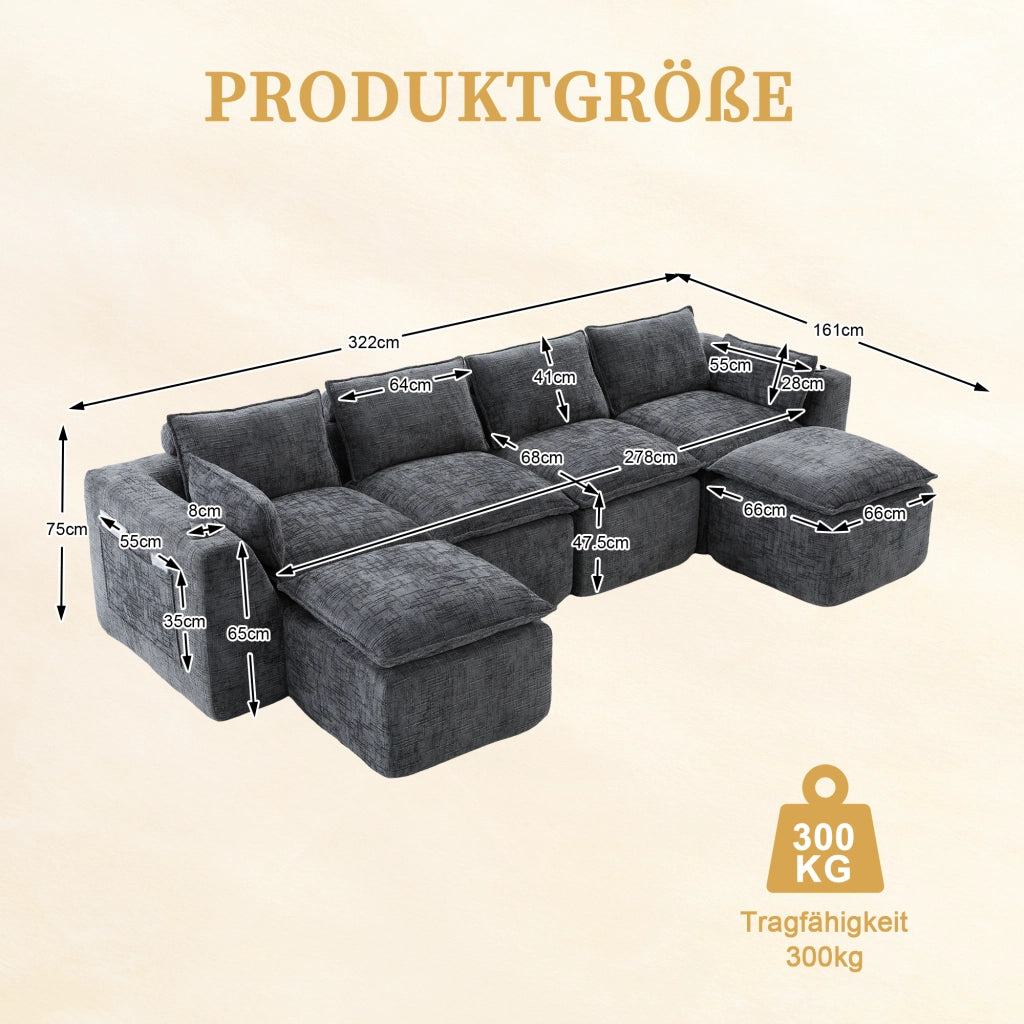 Divano 4 Posti con Poggiapiedi, Cuscini e Portabicchieri ¨C MINIMAL ¨C Grigio Chenille