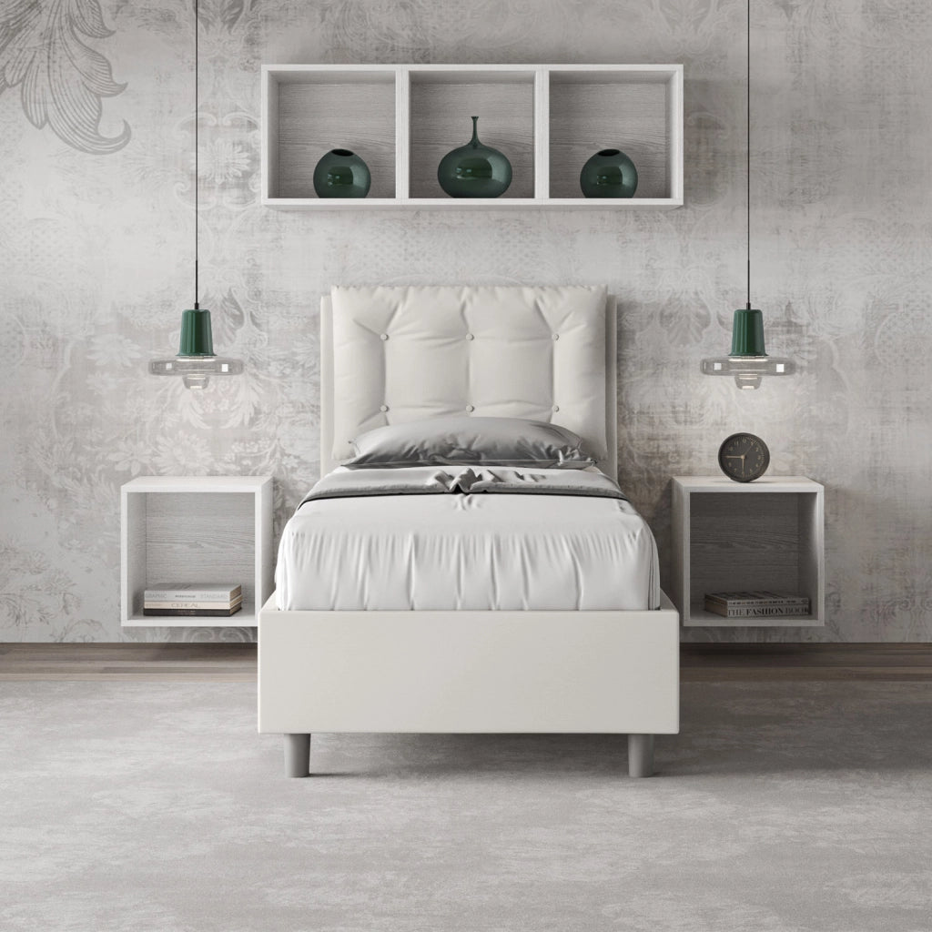 BS COM Letto singolo con rete imbottito 80x190 similpelle bianco