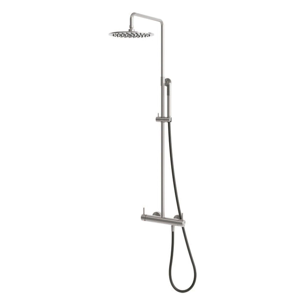 SINED Doccia da Parete Inox Satinato in Acciaio 316L adatta per interno ed esterno con ingresso acqua calda e fredda doppio miscelatore e soffione da 25 cm - Modello Levante