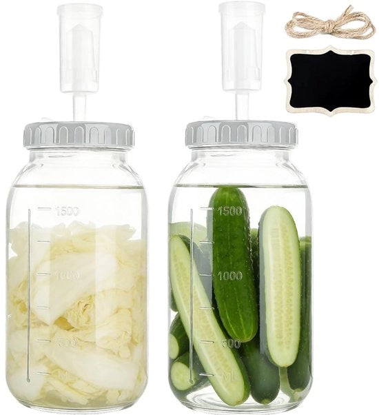 Fermentazione 2 Litri - 2 Pezzi - Con Valvola di Aspirazione - Coperchio a Viti - Vetro Sicuro per Alimenti - Per Kimchi/Zucchero di Mele/Kombucha - Fermentatore