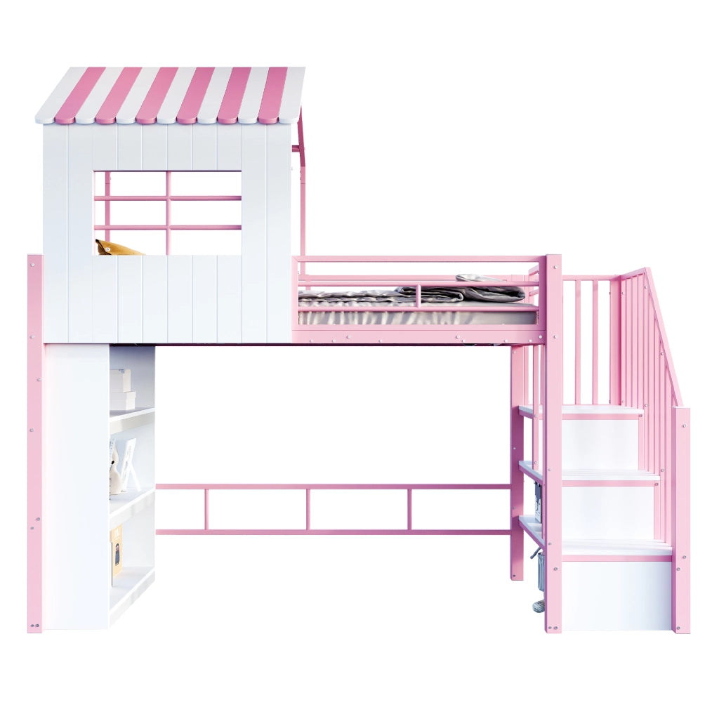 Letto a soppalco 90 × 200 cm con scala contenitore reversibile e scaffale, senza materasso, per bambini, rosa