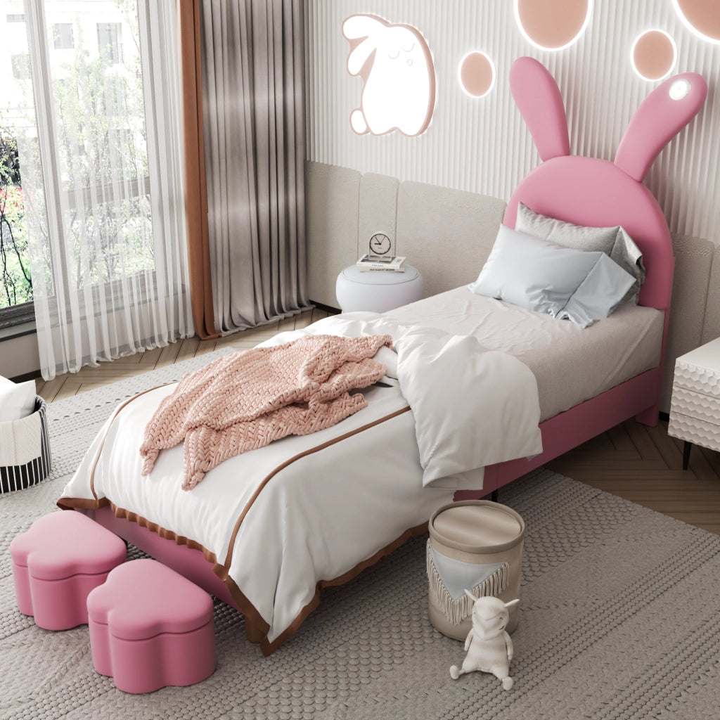 LETTO imbottito 90x200 cm in velluto rosa con LED e 2 panche contenitore