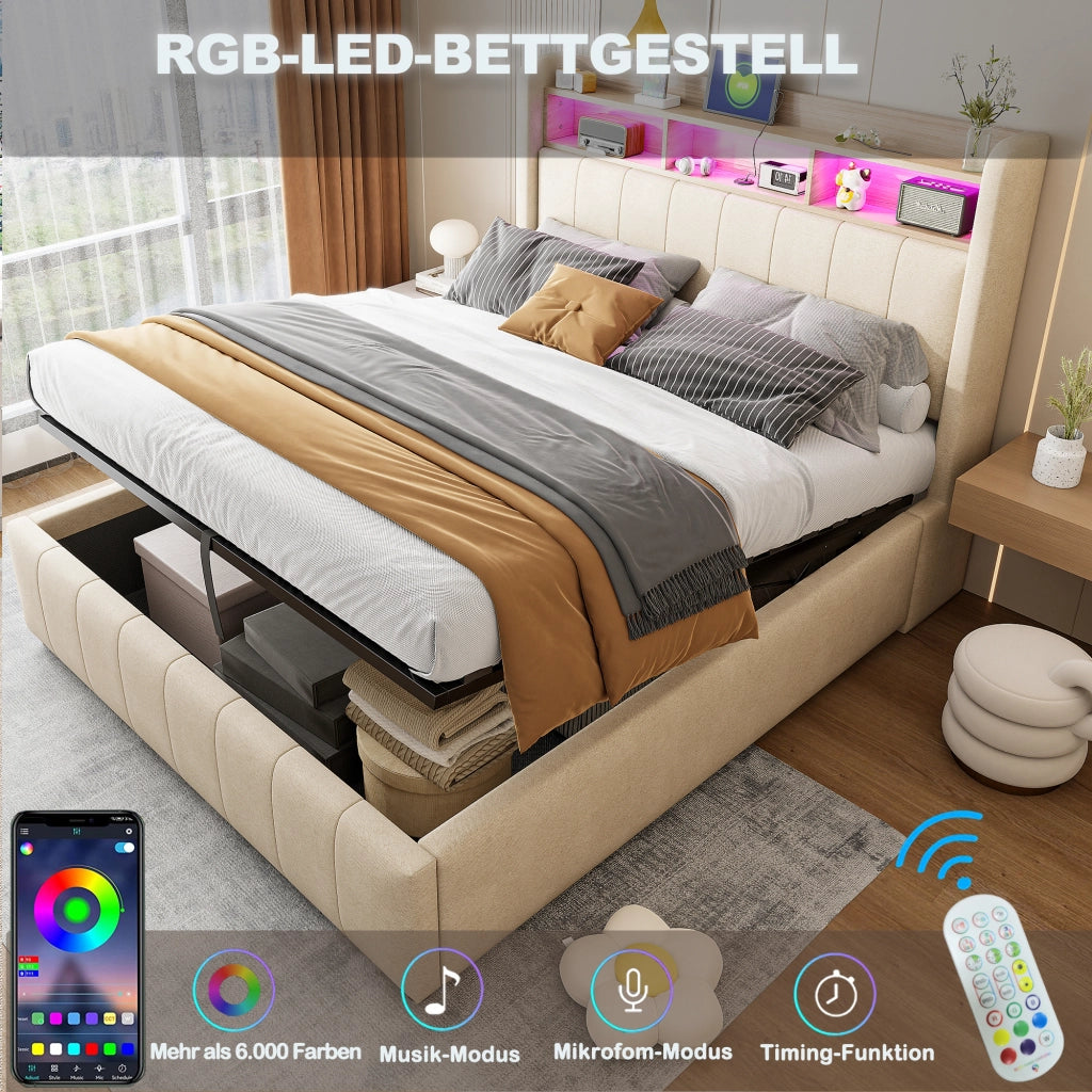 LETTO imbottito 140x200 cm Beige con LED, USB, porta Type-C e contenitore idraulico