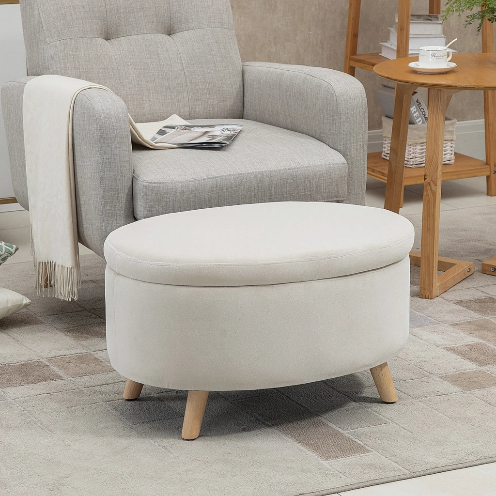 Pouf contenitore ovale ¨C Xylo ¨C velluto beige, gambe legno massello, 71x51,5x42 cm