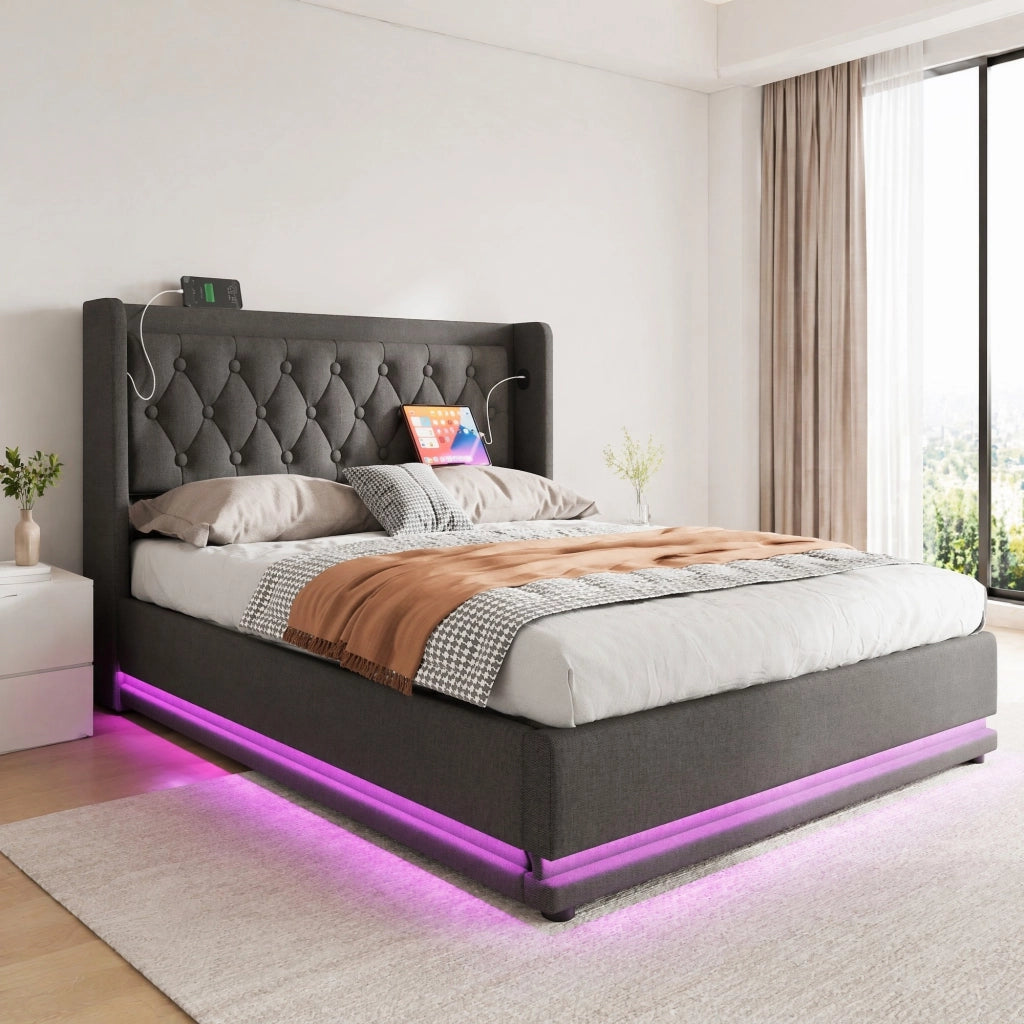 LETTO imbottito 140x200 cm in cotone grigio, con USB Type-C e LED, senza materasso