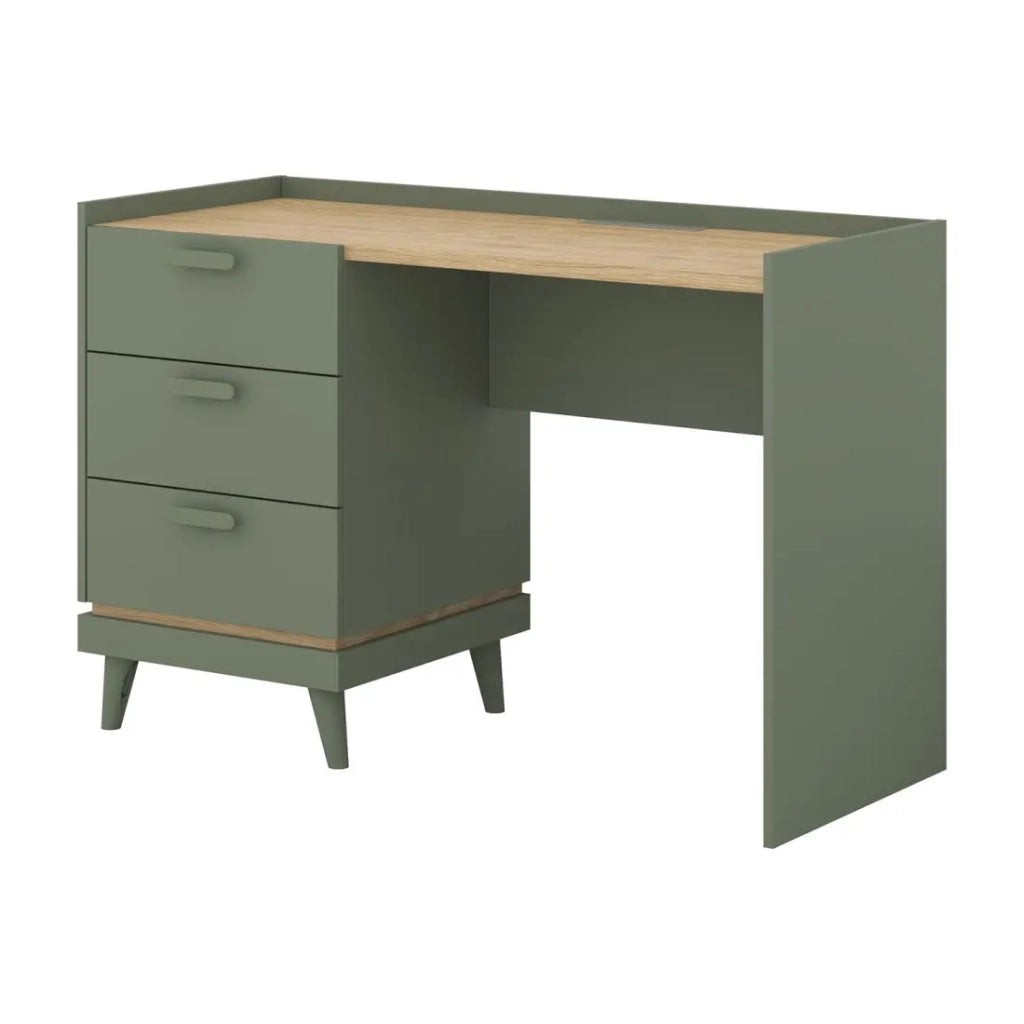 Scrivania stile scandinavo NOKI – 3 cassetti – Verde e legno – 120x80x50 cm