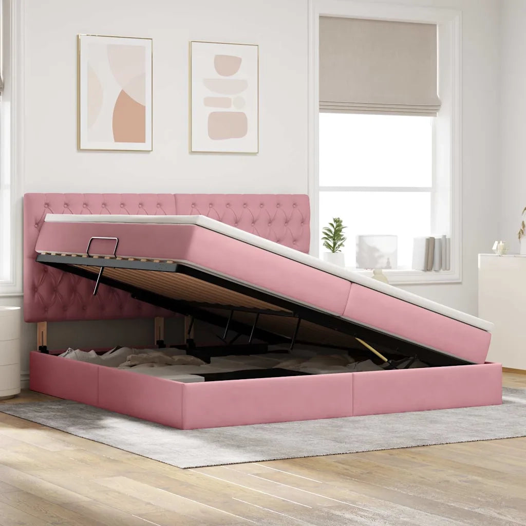 Letto con contenitore e LED con led Rosa 200 x 200 cm Velluto