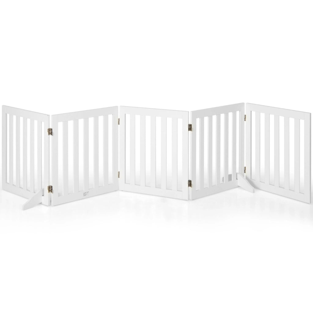 Cancello di legno pieghevole alto 60cm con 5 pannelli, Barriera per animali con cuscinetti antiscivolo Bianco
