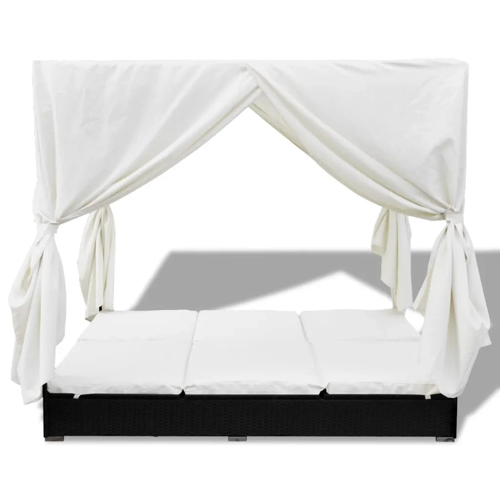 Lettino Prendisole con Tende in Polyrattan Nero 42948