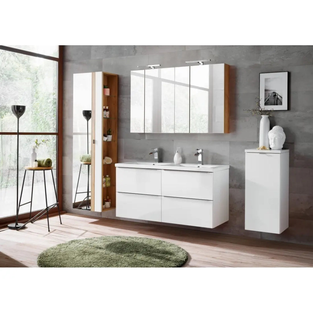 Mobile da parete NALYA 80 cm - Bianco lucido e quercia chiara - Elemento sospeso