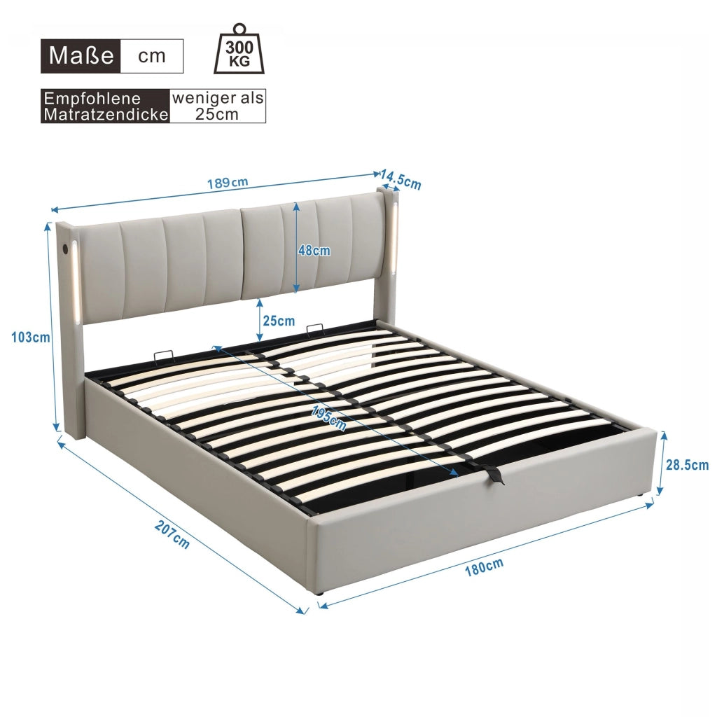 LETTO Imbottito 180x200 cm PU Grigio con LED USB e contenitore