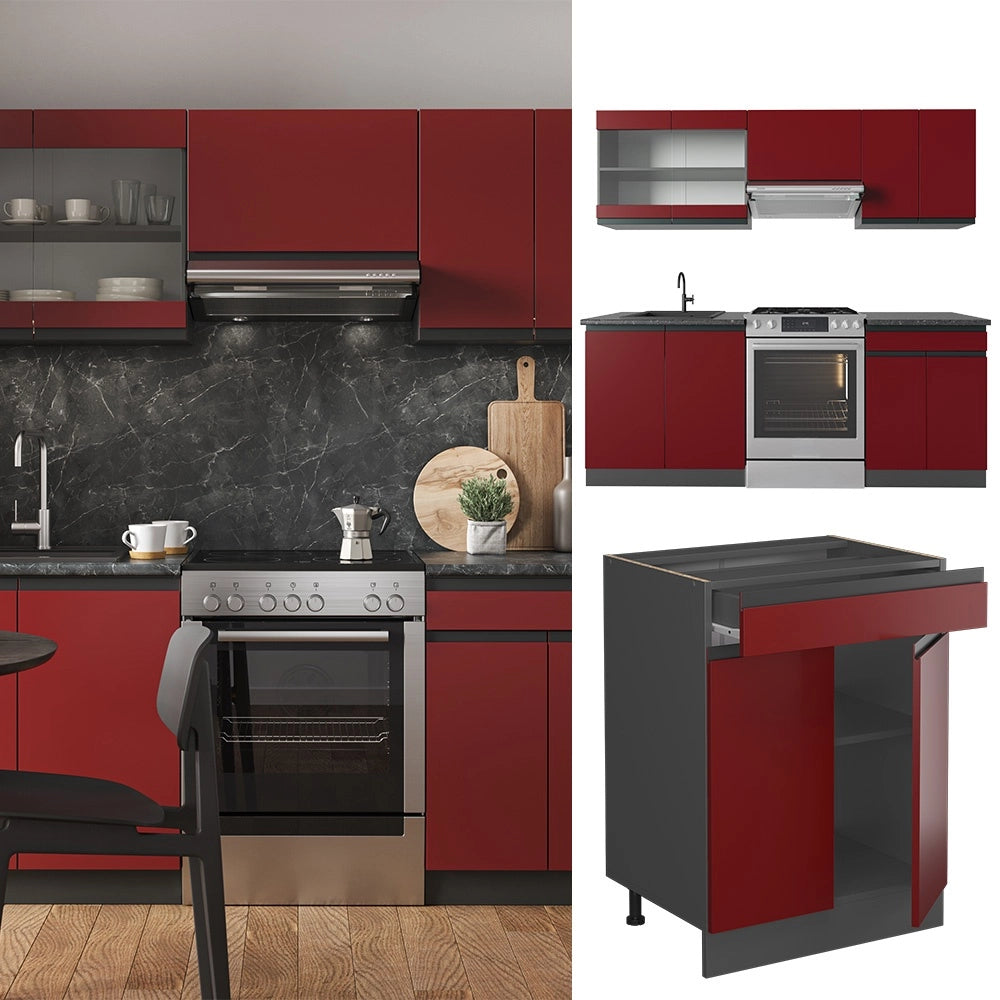 Cucina componibile R-Line Rosso/Antracite 200 cm J-Shape, PL Marmo Vicco
