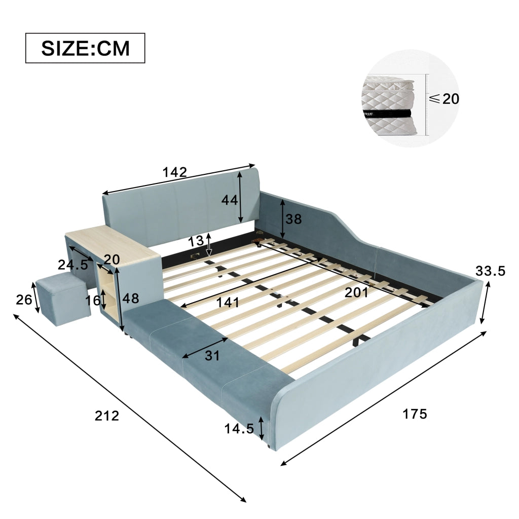 Letto Singolo Imbottito con Scrivania e Sgabello ¨C MINIMAL ¨C Velluto Blu 140x200