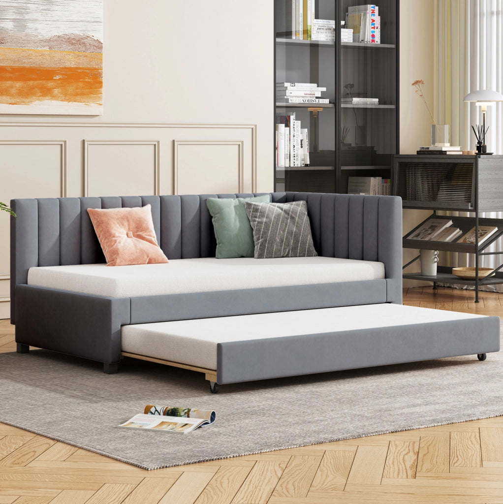 Divano letto imbottito con letto estraibile 90x200 cm; rivestimento effetto velluto grigio