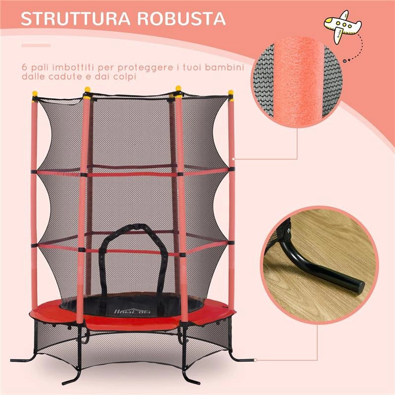 TRAMPOLINO ELASTICO PER BAMBINI Ï1.6X1.9 M CON RETE DI SICUREZZA E PALI IMBOTTITI, ETÓ 3-10 ANNI, ROSSO