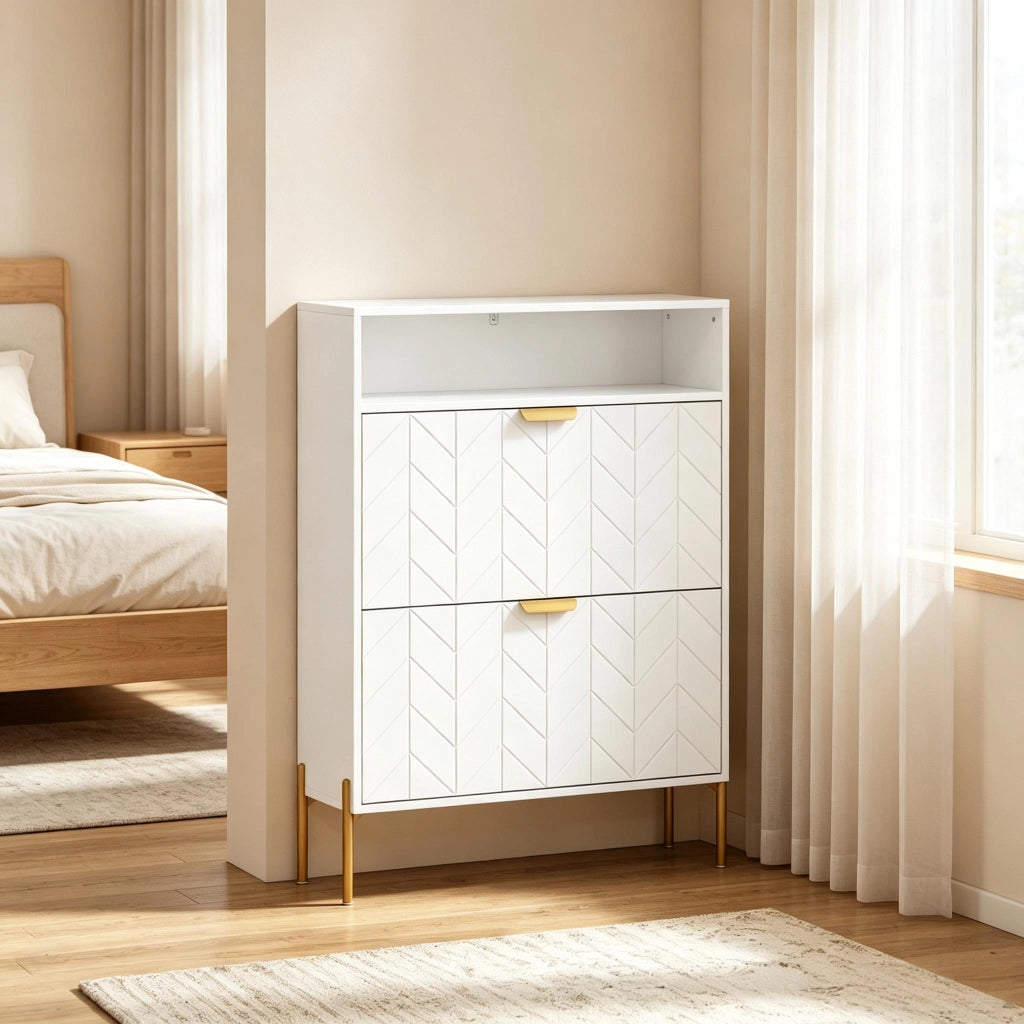 Scarpiera da ingresso con 2 ante a ribalta e vano aperto in MDF e pannello truciolare bianco 80 × 23.7 × 110 cm