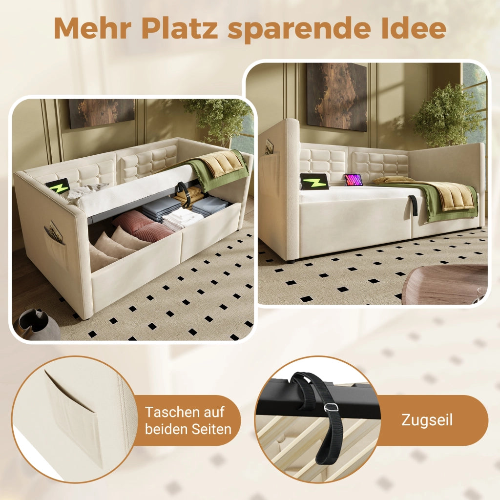 DIVANO LETTO 90x200 cm con vano contenitore, USB e Type-C Beige in velluto