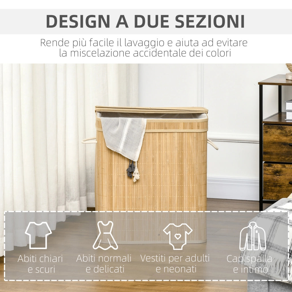 Cesto Portabiancheria Pieghevole in Bamb¨´ con 2 Scomparti e Coperchio ¨C Zephmum ¨C Bianco Naturale