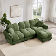Divano angolare 3 posti con pouf mobile e 2 cuscini, schienale curvo, in ciniglia, Verde
