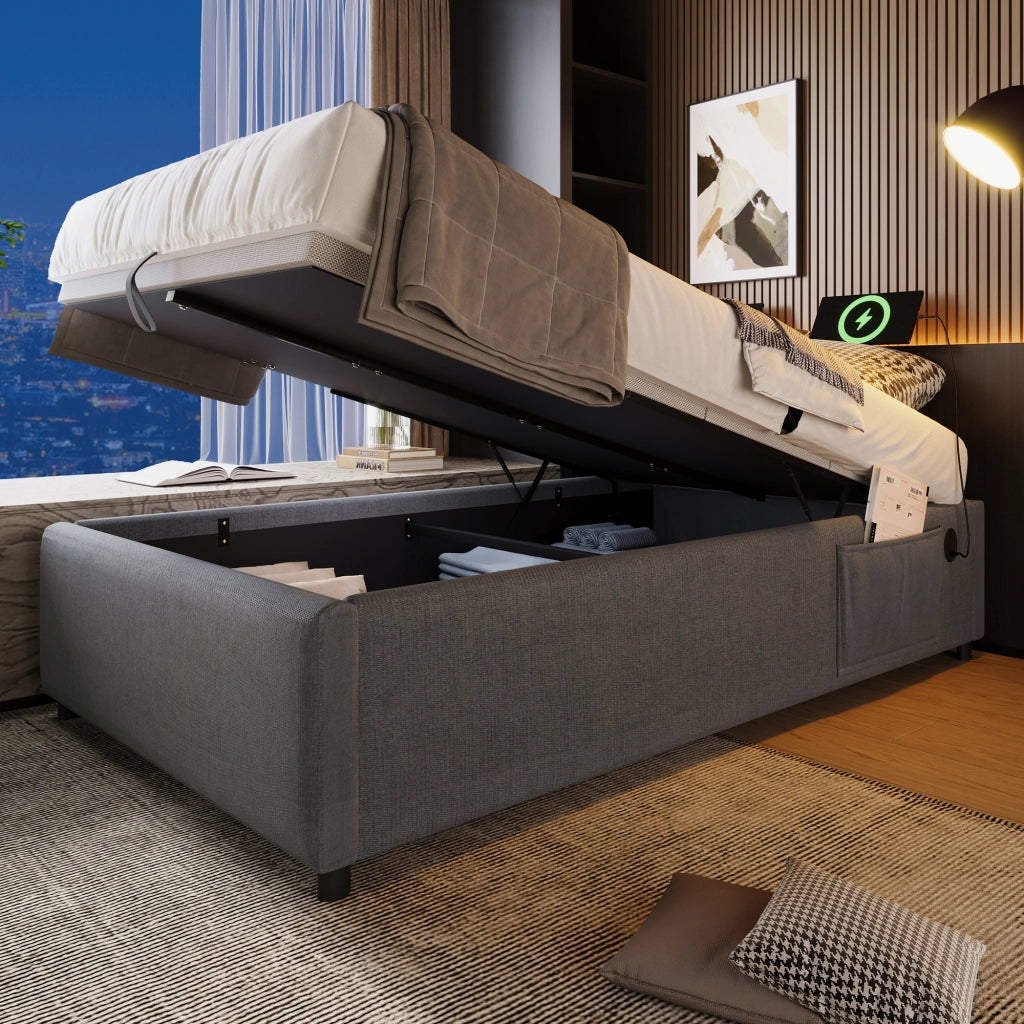 LETTO Contenitore 90x190 cm Grigio con USB e Type-C