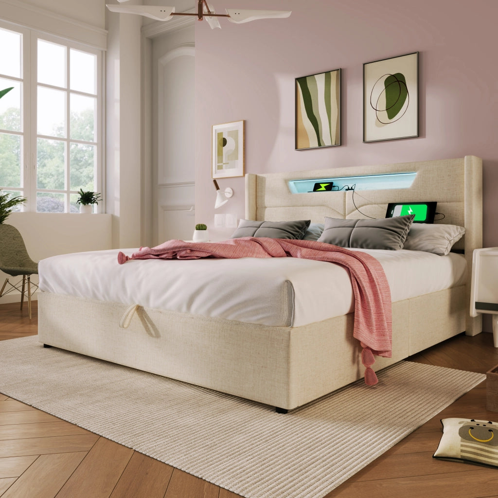 LETTO Matrimoniale LED 160x200 cm in lino beige USB Type C