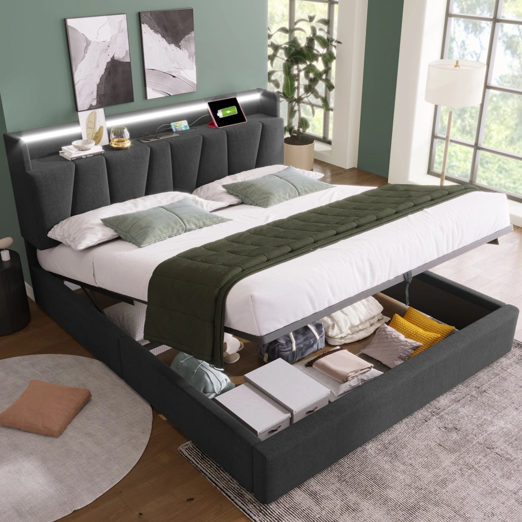 LETTO Contenitore 140x200 cm Grigio in Lino con testiera USB e LED