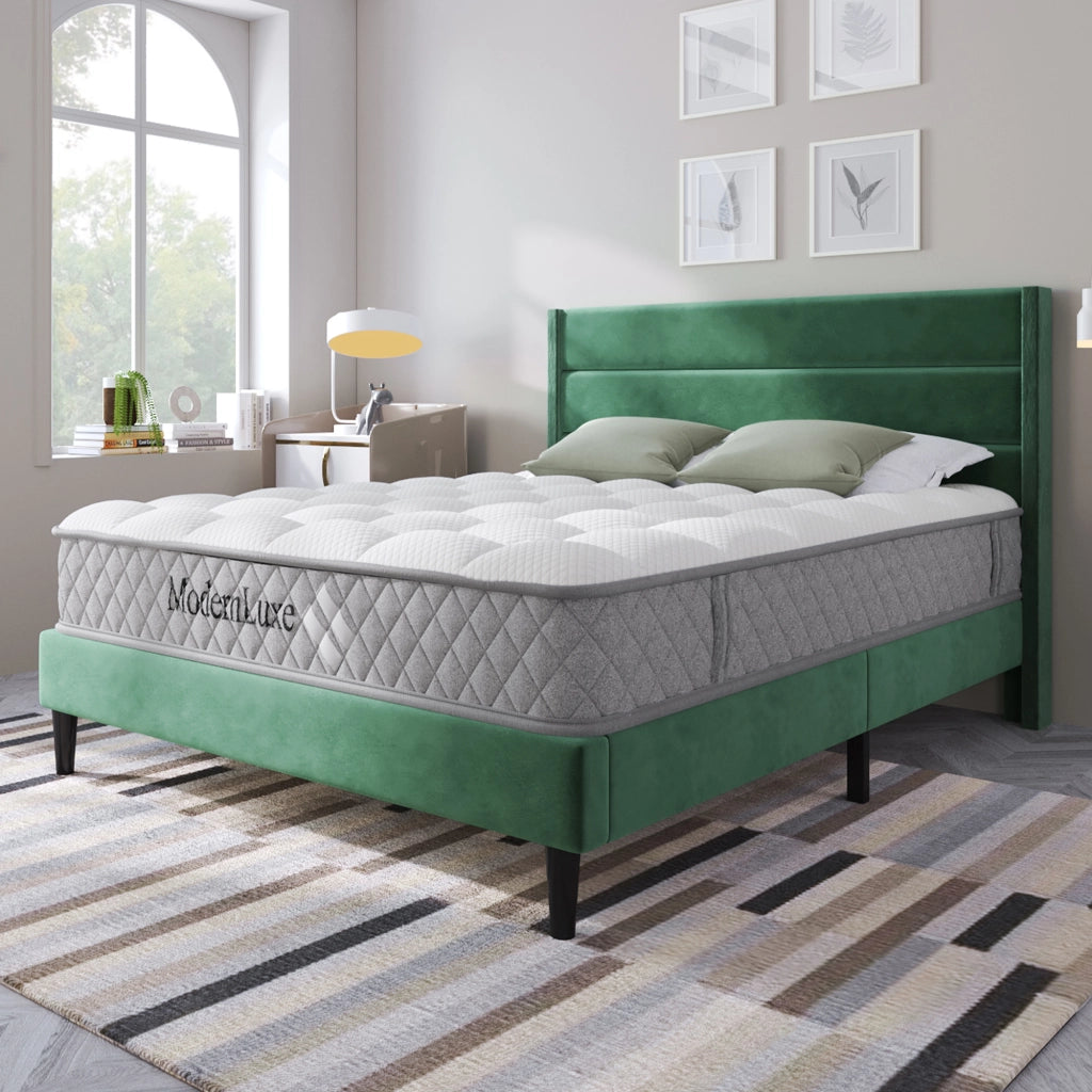 LETTO imbottito 140x200 cm in velluto verde con materasso incluso e rete a doghe