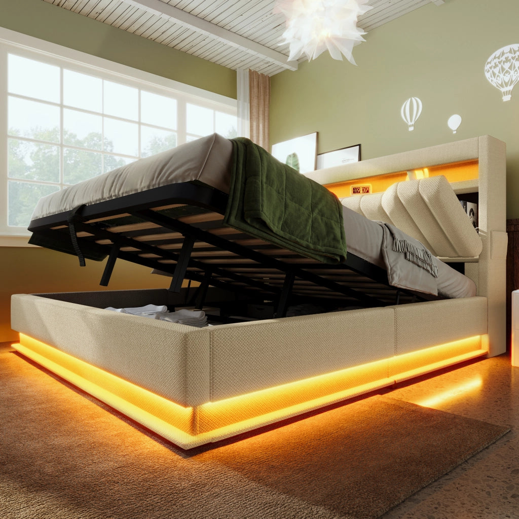 LETTO imbottito 140x200 cm in lino beige con LED, USB, Type-C e materasso incluso