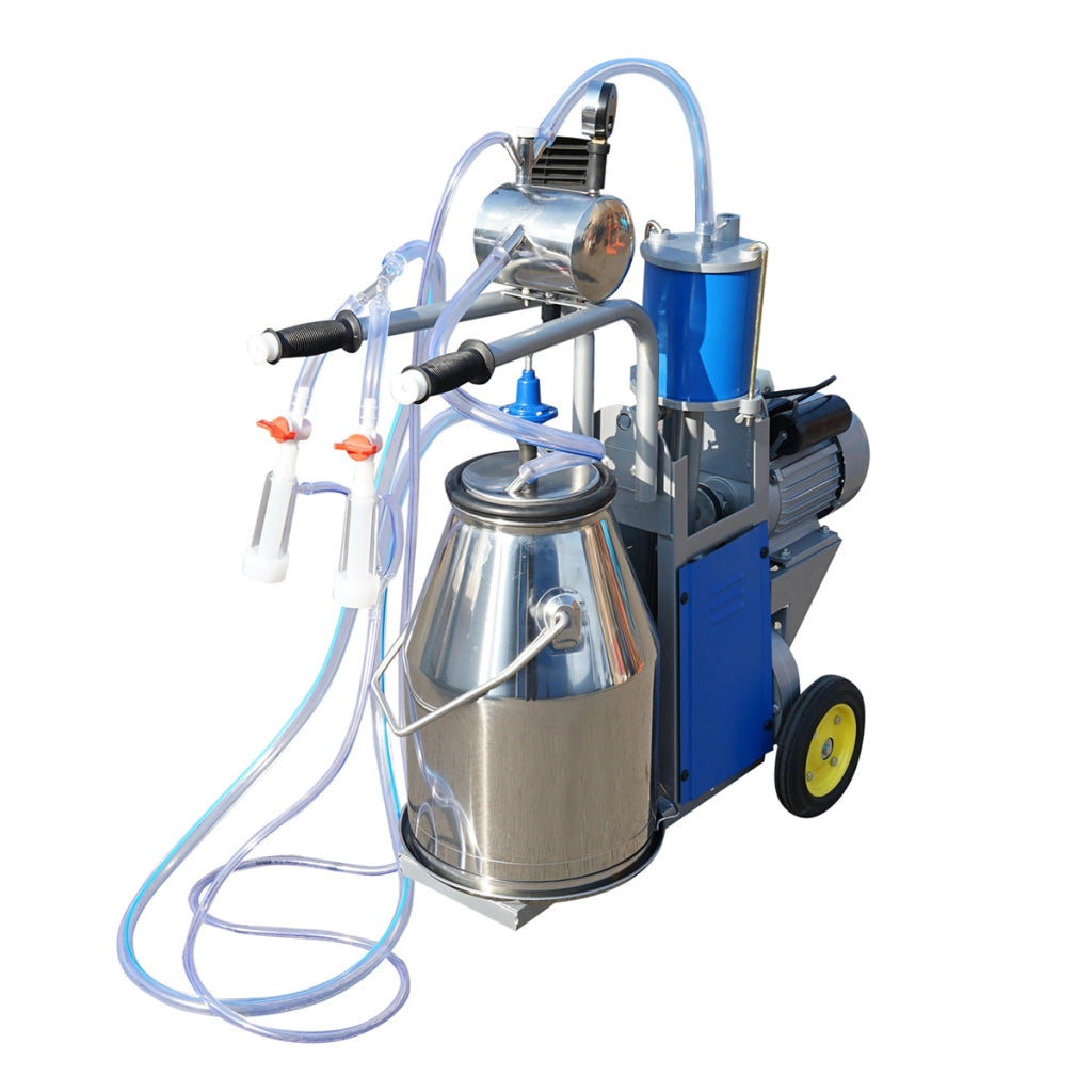 Dispositivo per mungitura di mucche, 1 postazione, 550W, 220V, bidone in acciaio inox da 25L, gruppo di mungitura con 2 manicotti, pressione del vuoto 45-50 kPa, pulsazioni 60-80 cpm.