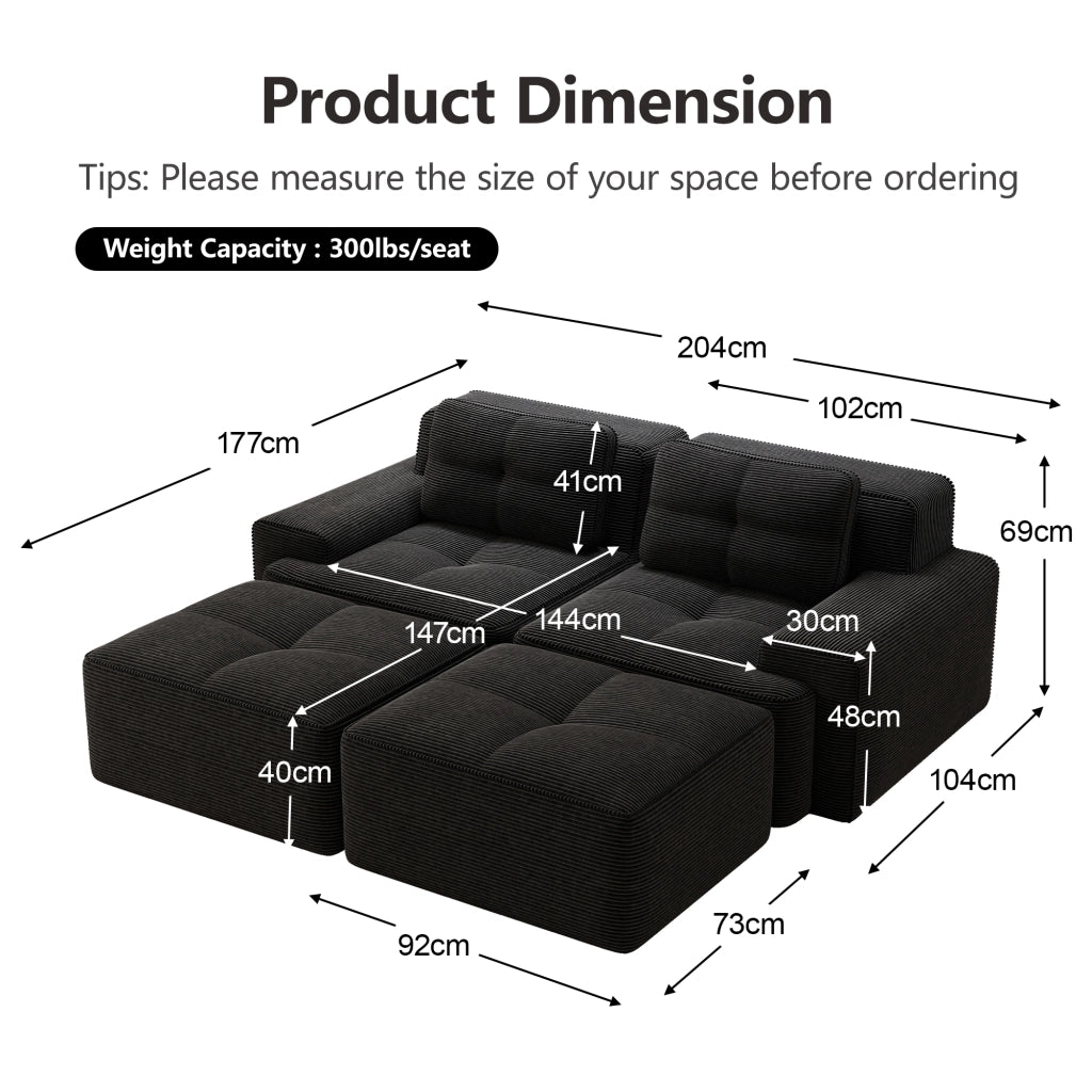 Divano Modulare Cloud 2 Posti con Ottoman ¨C MINIMAL ¨C Velluto a Coste, Nero