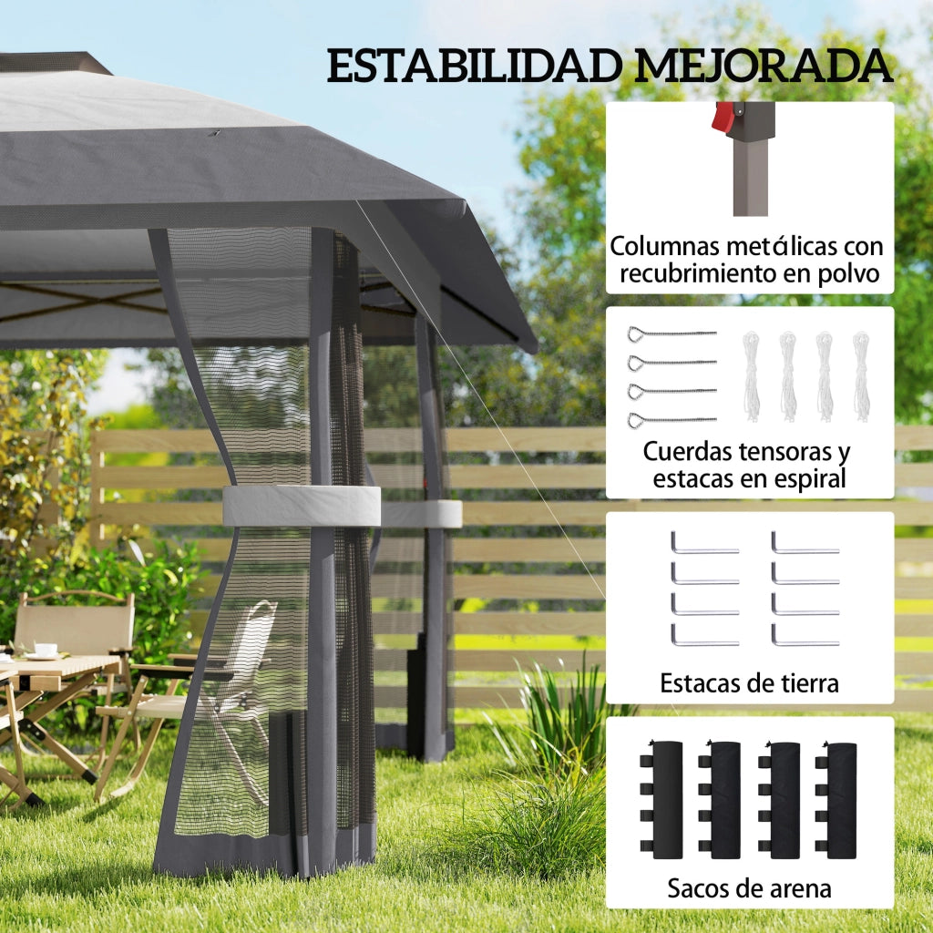 Tenda da Giardino Pieghevole 4x4 m Grigio ¨C Minimal ¨C Con Doppio Tetto e 4 Pareti a Rete