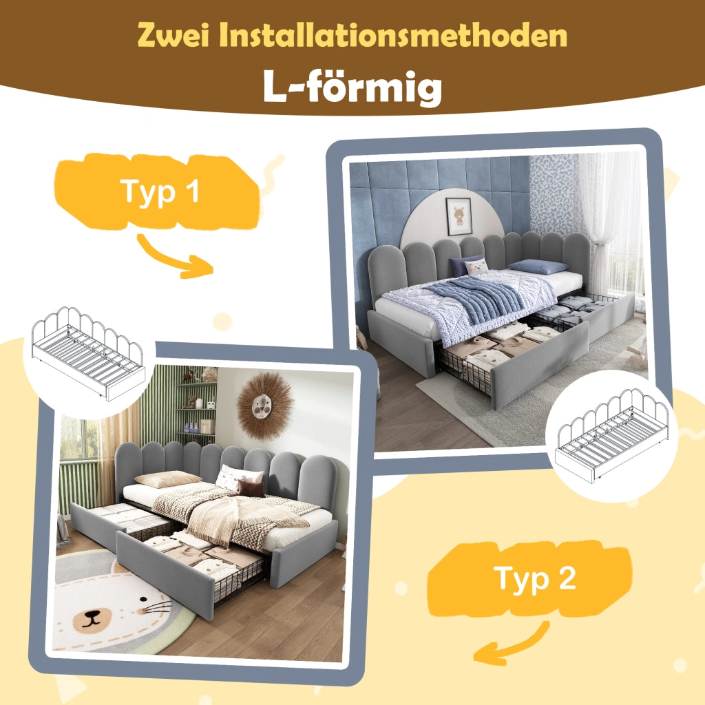 LETTO Divano 90x200 cm in velluto grigio con 2 cassetti