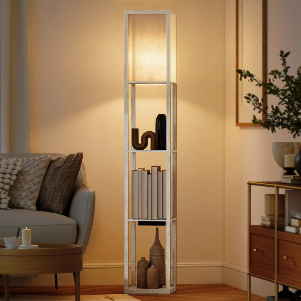 Lampada da Terra con Ripiani e USB ¨C Minimal ¨C Bianco e Rovere