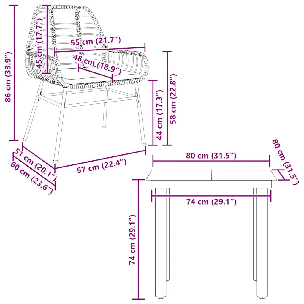 Set da Pranzo da Giardino 3pz con Cuscini Polyrattan Vetro 3334555