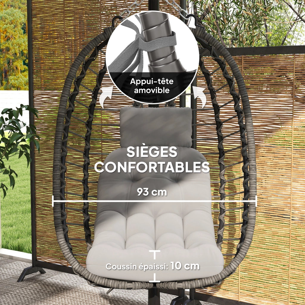 Poltrona sospesa pieghevole in rattan sintetico con supporto e cuscini, grigio