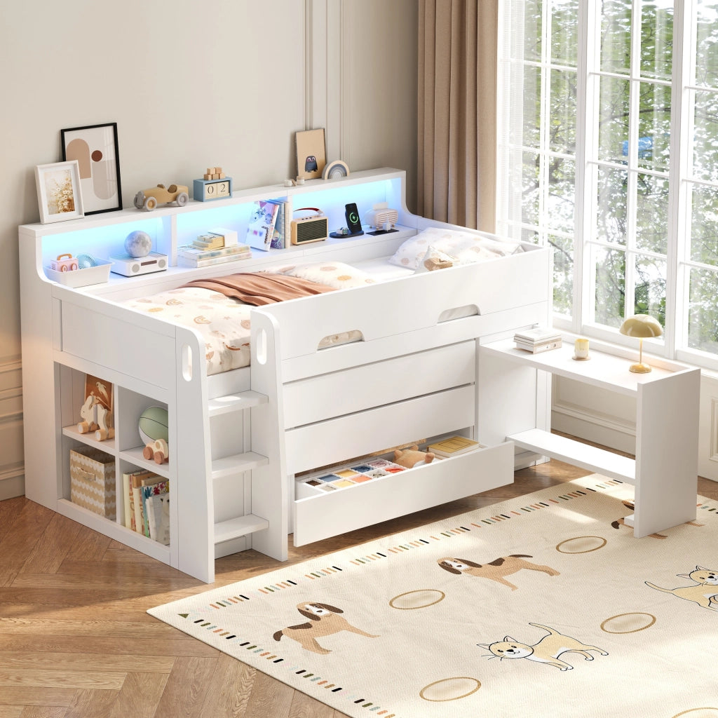 Letto semi-alto 90x200 cm scrivania con luci LED e porta USB cassetti in MDF bianco e compensato
