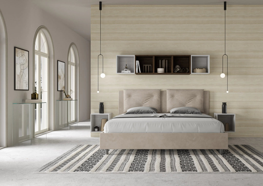 BS COM Letto matrimoniale king size con rete imbottito 190x200 microfibra sabbia