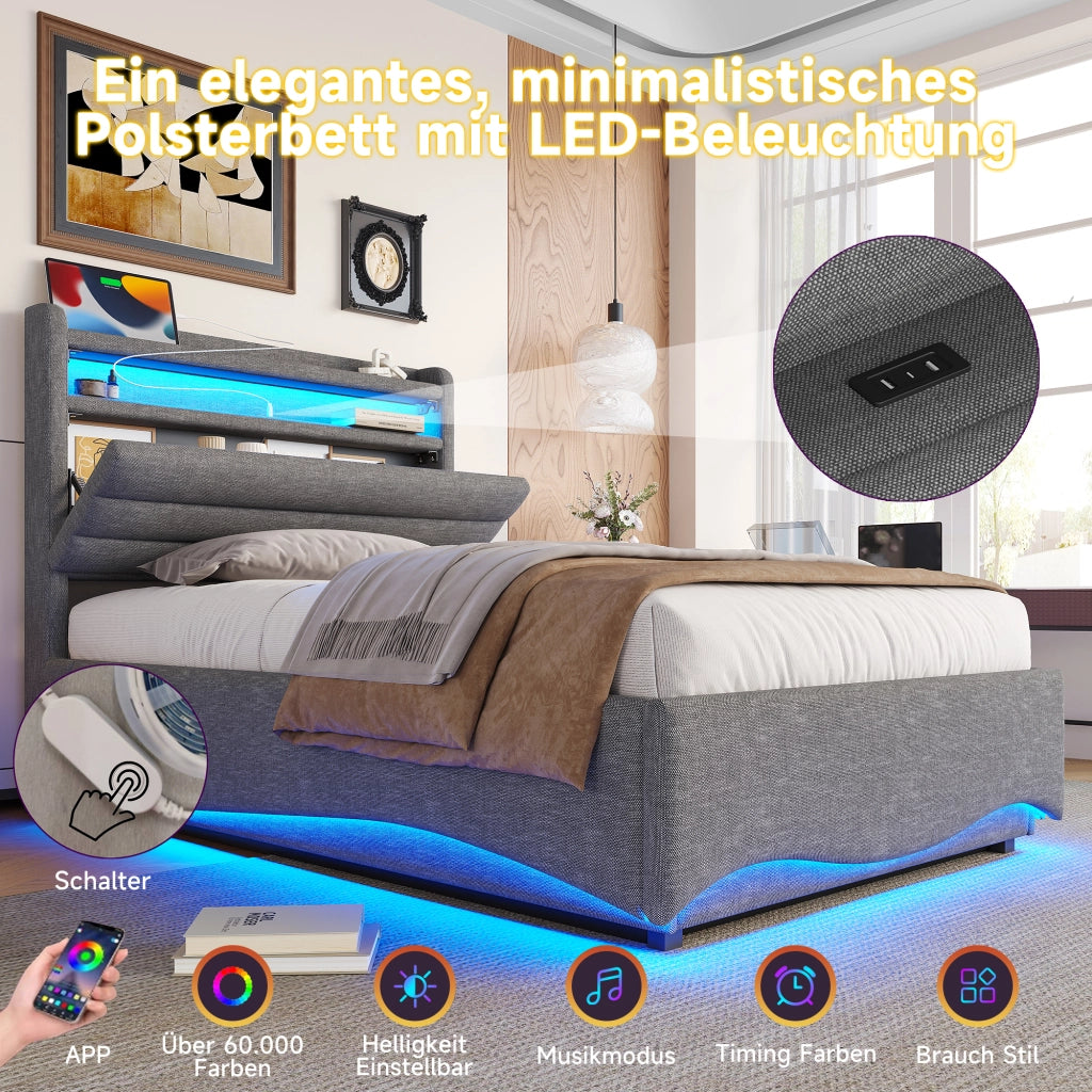 LETTO Contenitore 90x200 cm in Lino Grigio con LED, USB e Type-C
