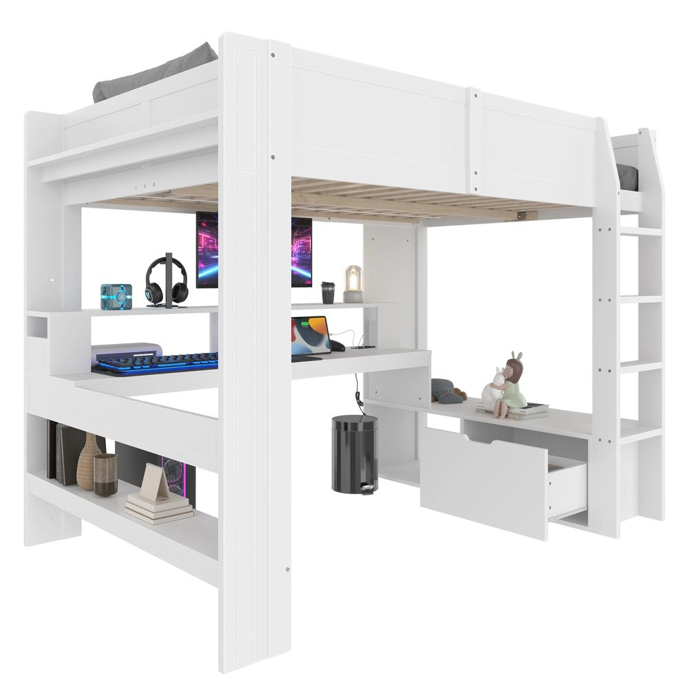 Letto a Soppalco con Scrivania e LED ¨C MINIMAL ¨C Bianco 140x200 con Cassetti e Ripiani