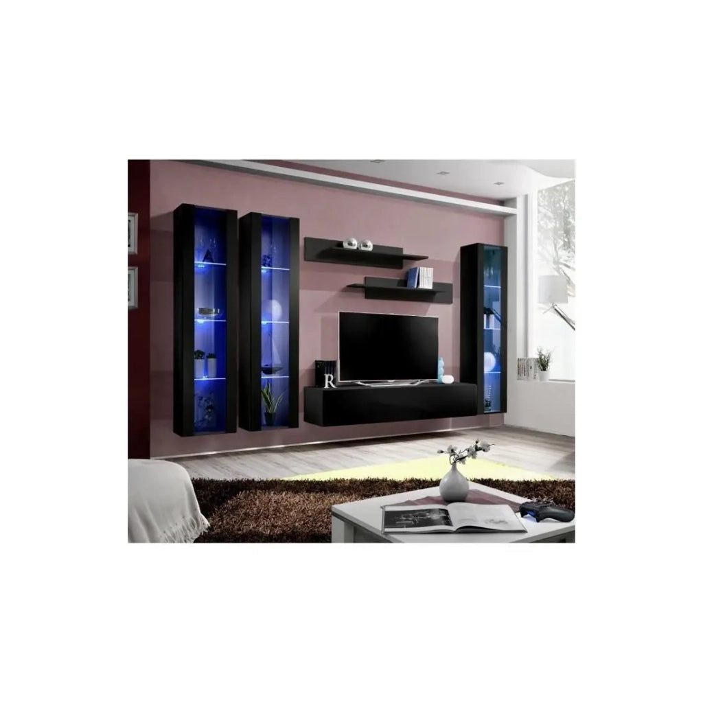 Mobile TV FLY C2 design, colore nero lucido. Mobile sospeso moderno e alla moda per il tuo soggiorno.